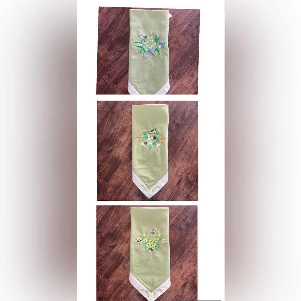 Upcycled Set of 3 Sage Cotton Floral Embroidered Napkins with Cream Trim